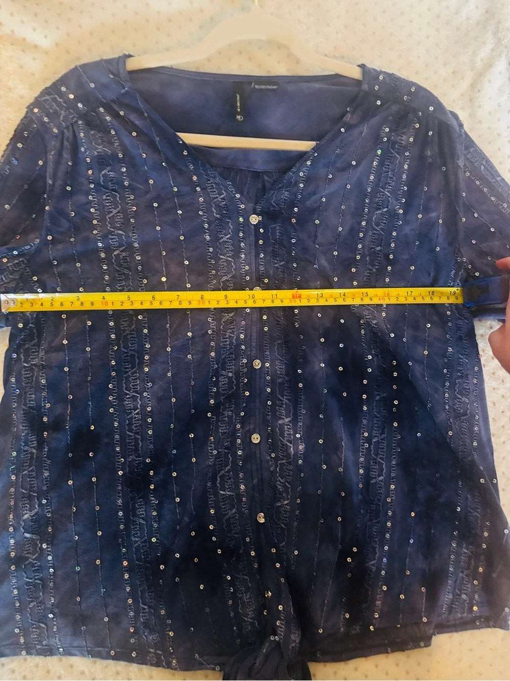 Navy blue Sequin Button-Front Tie-Hem Long Sleeve Blouse - Picture 6 of 7